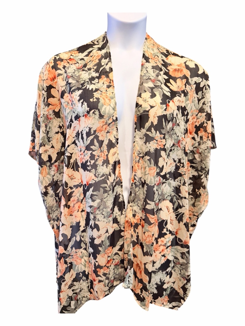 Women’s kimono  Floral Open-Front- Black with Peach & Cream Floral